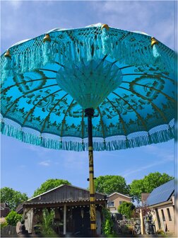 Ibiza parasol turquoise/goud dubbel beschilderd