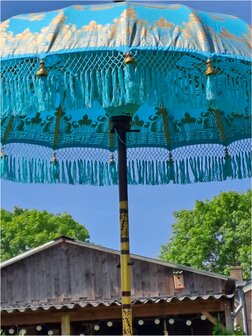 Ibiza parasol turquoise/goud dubbel beschilderd