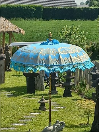 Ibiza parasol turquoise/goud dubbel beschilderd
