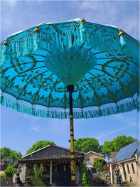 Ibiza parasol turquoise/goud dubbel beschilderd Ibiza parasol turquoise/goud dubbel beschilderd